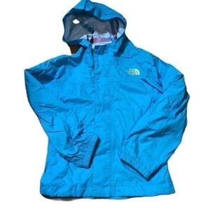 North Face Blue Rain Jacket XXS 5 Green Lined Plaid Hood Kids Hyvent